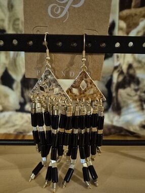 Gold and Black Beaded Fringe Earrings - Unbranded